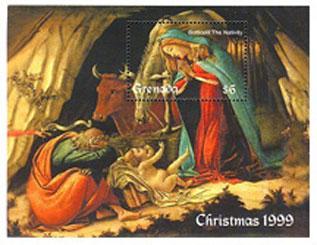 Grenada's 1973 issue of a cropped version of the Mystic Nativity focussing on the manger scene of the Mystic Nativity. 