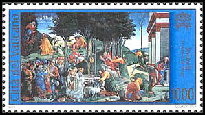 Postage stamp issued by the Vatican depicting Dante and Beatrice in Paradise.