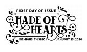 USPS, Made of Hearts black and white cancel, 2020
