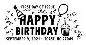 Backyard Games Cancel USPS, Happy Birthday cancel in black and white, 2021
