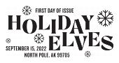 USPS, Holiday Elves Stamp Holiday Elves cancel First Day of Issue in black and white, USPS