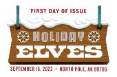 USPS, Holiday Elves Stamp Holiday Elves cancel First Day of Issue in color, USPS