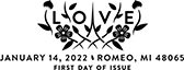 Love stamp cancel in black and white, 2022, USPS