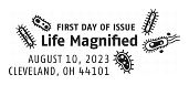 Life Magnified cancel in black and white, USPS