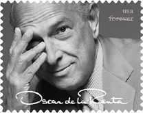 Oscar de La Renta stamp of model in green gown - USPS 2017 forever stamp
